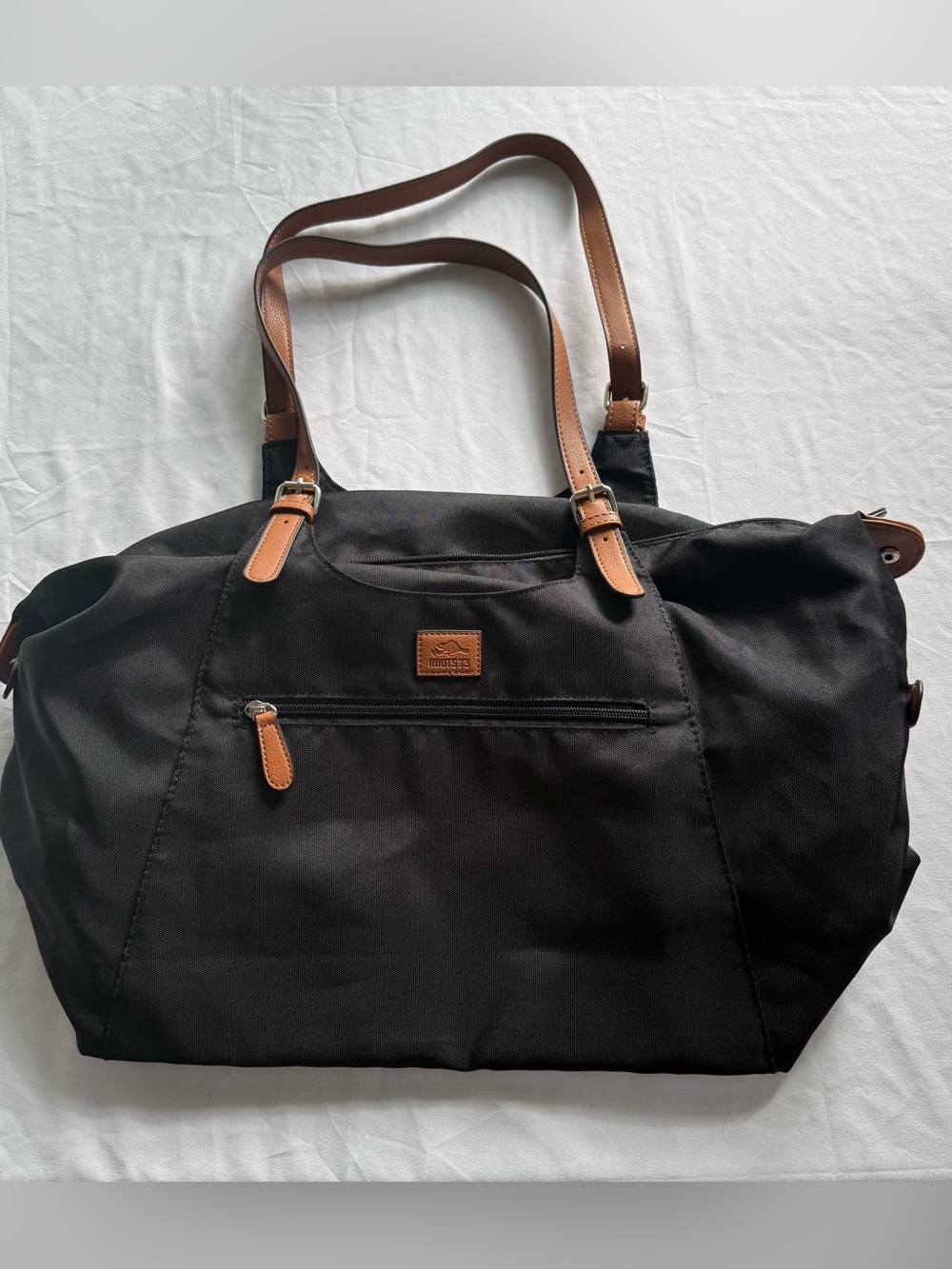 Black Duffel Tote with Brown Leather Accents